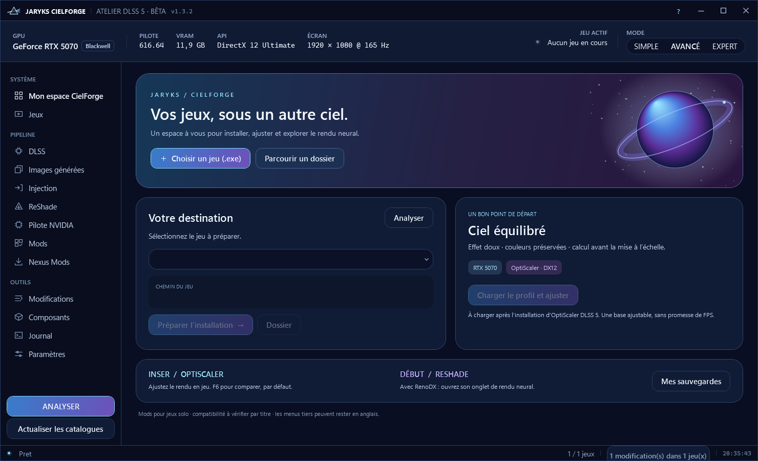 Accueil français de CielForge, boutons de sélection du jeu et du dossier, profil Ciel équilibré et thème bleu ciel violet